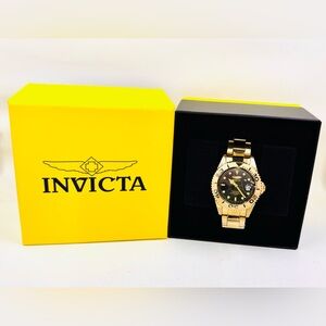 Invicta Pro Diver 29946 43mm Gold Tone Bracelet Watch Black Dial Date Glows